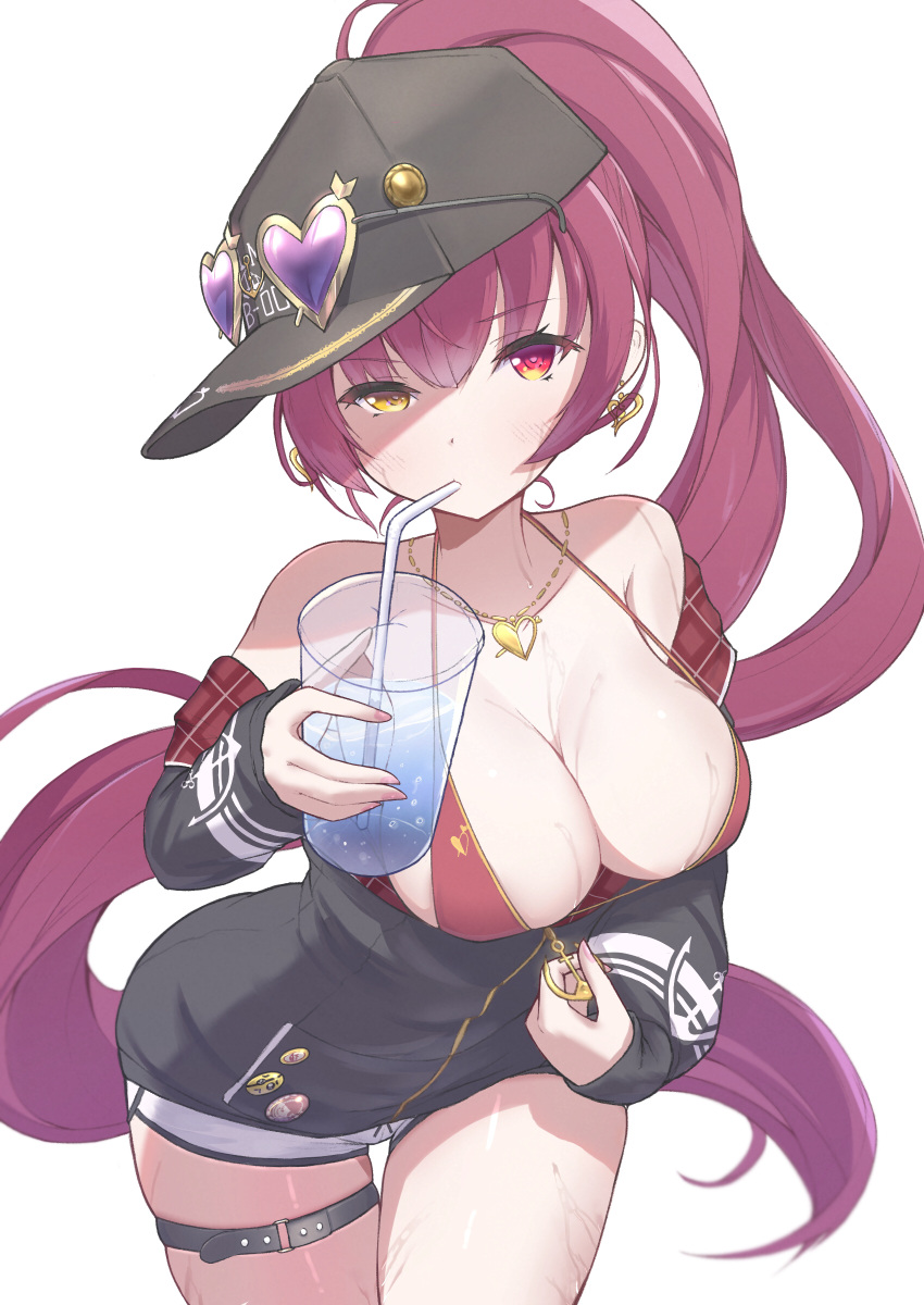 absurdres anchor_symbol arrow_through_heart baseball_cap bikini black_hat black_jacket blush breasts cleavage cowboy_shot cup drinking drinking_straw earrings emoji eyewear_on_headwear female hair_between_eyes half-closed_eye halterneck hat heart heart-shaped_eyewear heart_earrings heart_necklace heterochromia highres holding holding_cup hololive houshou_marine houshou_marine_(summer) jacket jewelry large_breasts long_hair long_sleeves looking_at_viewer necklace off_shoulder official_alternate_costume official_alternate_hair_length official_alternate_hairstyle partially_unzipped plaid pleading_face_emoji ponytail red_bikini red_eyes red_hair short_shorts shorts simple_background single_earring skindentation solo string_bikini swimsuit taraneko_miso thigh_gap thigh_strap thighs two-sided_fabric two-sided_jacket very_long_hair virtual_youtuber wet white_background white_shorts yellow_eyes