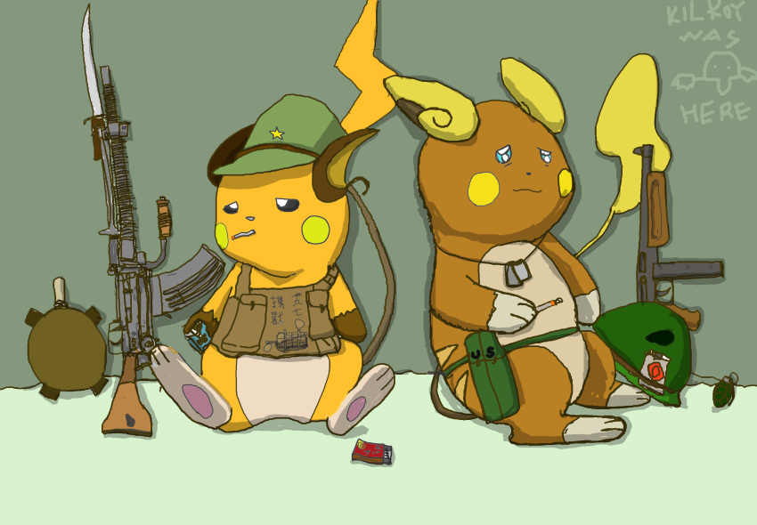 alolan_form alolan_raichu armor army canteen cigarette dog_tags duo english_text explosives geboku generation_1_pokemon generation_7_pokemon grenade gun headgear helmet hi_res japan kilroy_was_here machine_gun male military nintendo pokemon pokemon_(species) pouches raichu ranged_weapon regional_form_(pokemon) semi-anthro soldier submachine_gun text thompson_gun type_99_(light_machine_gun) united_states_of_america warrior weapon world_war_2