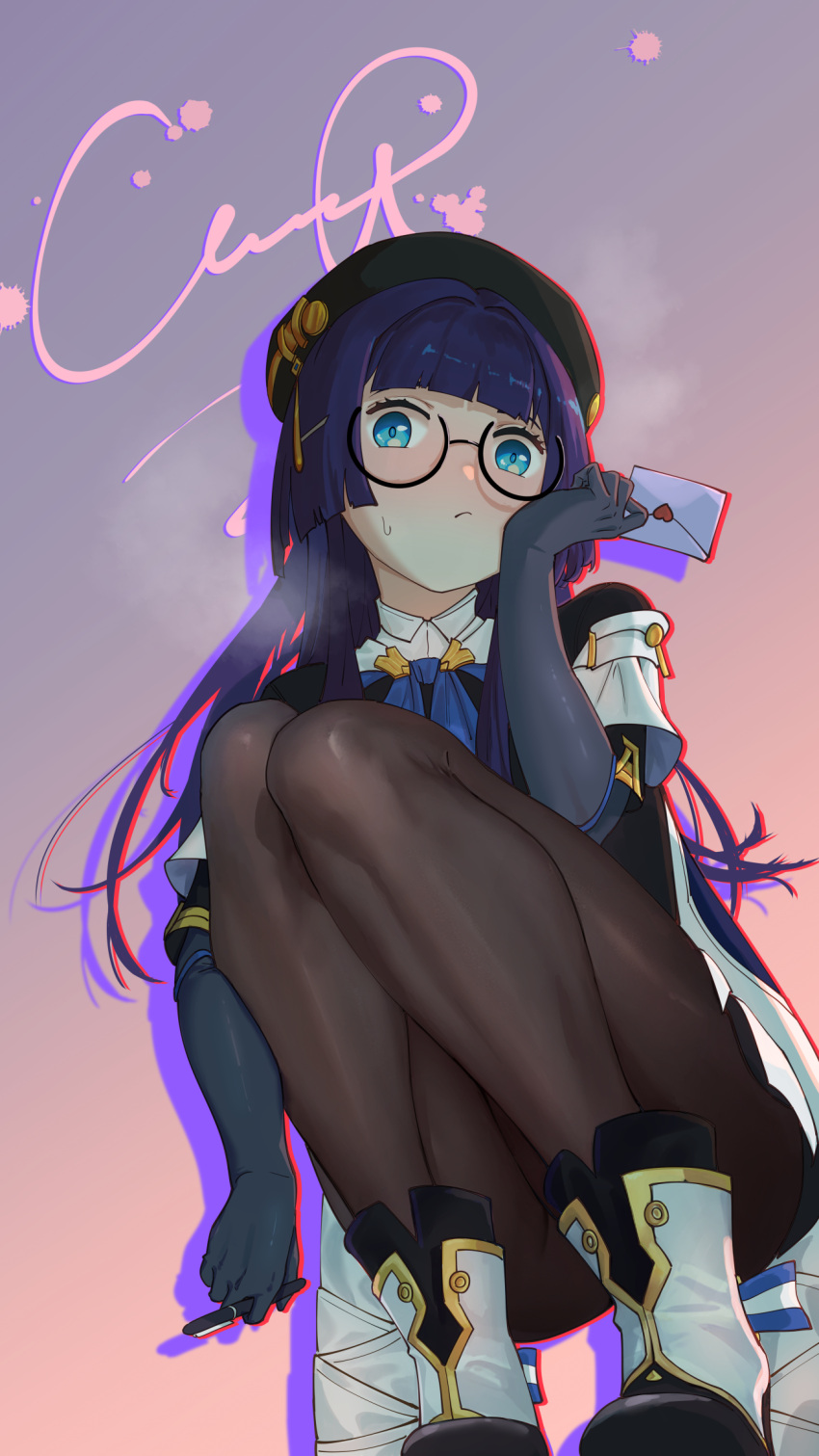 black-framed_eyewear black_headwear blue_eyes blue_hair blunt_bangs blush chinese_commentary commentary_request female gloves hair_ornament hairclip highres holding holding_letter holding_pen honkai:_star_rail honkai_(series) legs leng_sediao_kafei letter long_hair love_letter pantyhose pela_(honkai:_star_rail) pen semi-rimless_eyewear signature solo sweatdrop