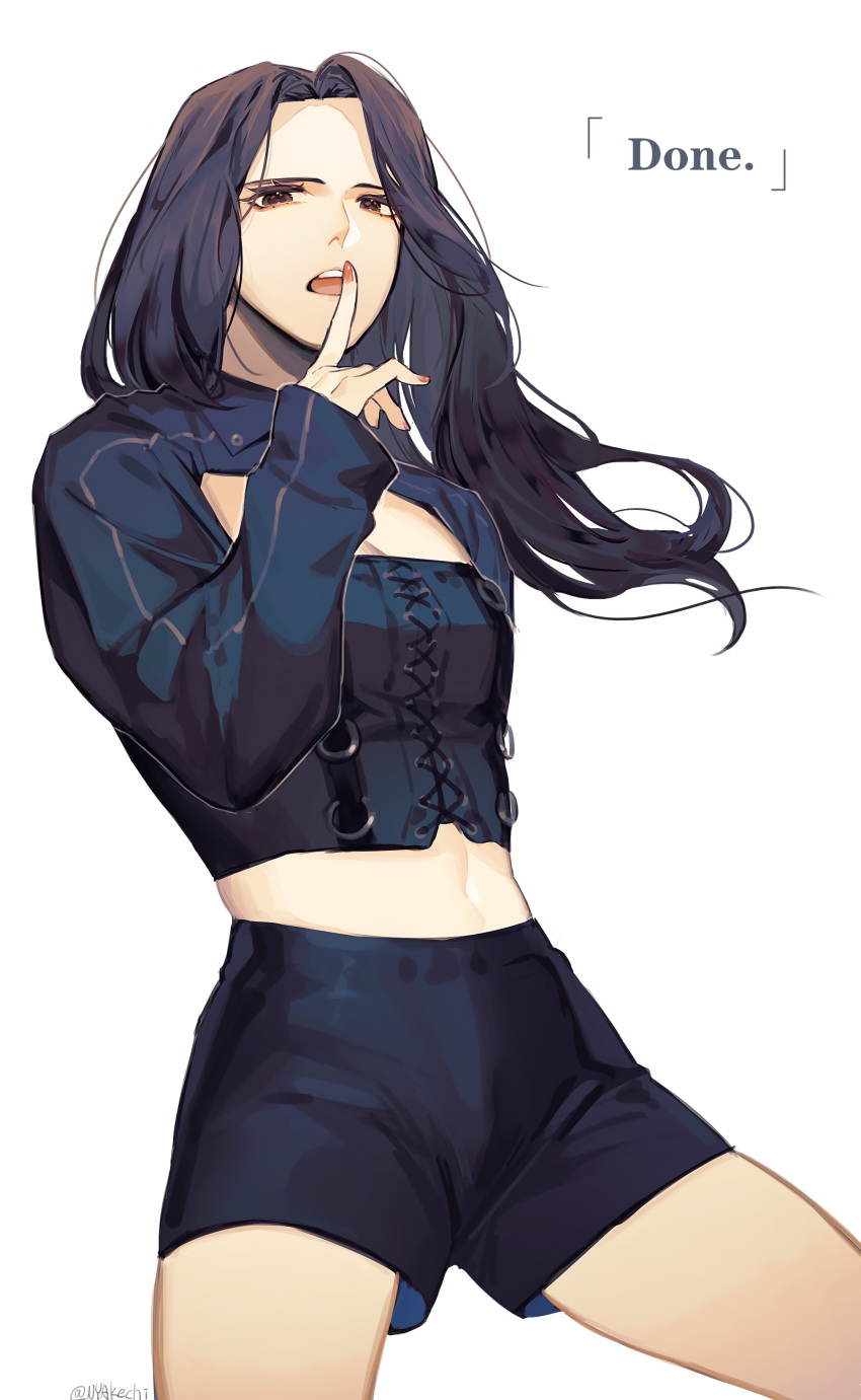 absurdres akechi_(826988799) black_hair black_shirt black_shorts brown_eyes brown_nails cowboy_shot crop_top cropped_shirt exy_(wjsn) female finger_to_mouth floating_hair highres k-pop long_hair long_sleeves looking_at_viewer open_mouth real_life shirt shorts shushing simple_background solo song_name white_background wjsn