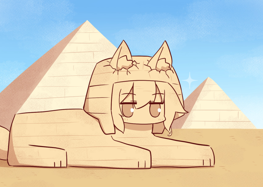 animal_ears blue_sky blush commentary day ears_through_headwear egypt egyptian female fox_ears fox_girl fox_tail great_pyramid_of_giza hair_between_eyes kemomimi-chan_(naga_u) long_hair looking_at_viewer naga_u nemes objectification original outdoors pyramid_(structure) sand sidelocks sky solo sparkle sphinx sphinx_of_giza tail