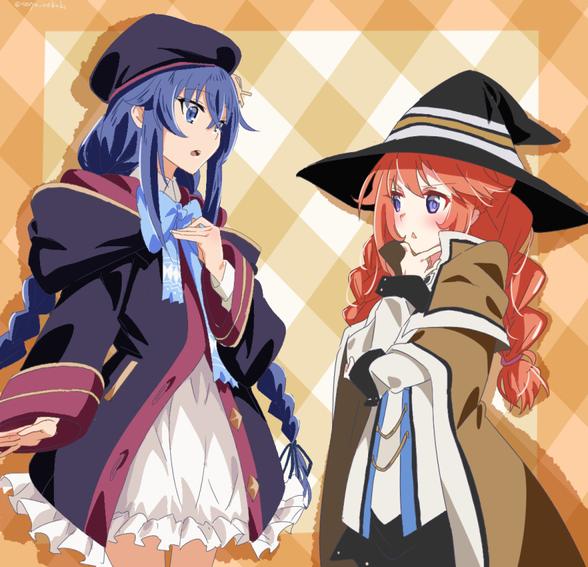 2girls beret black_coat black_headwear blue_bow blue_eyes blue_hair bow braid breasts coat cosplay costume_switch frills hand_on_own_chest hand_on_own_chin hand_on_own_elbow hat hood hooded_coat kohara_konomi long_hair long_sleeves look-alike multiple_girls mushoku_tensei open_mouth orange_hair plaid plaid_background princess_connect! roxy_migurdia roxy_migurdia_(cosplay) school_uniform seryu_oekaki small_breasts st._theresa's_girls_academy_school_uniform twin_braids twitter_username uniform voice_actor_connection witch_hat yuni_(princess_connect!) yuni_(princess_connect!)_(cosplay)