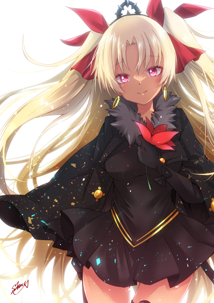 black_cape black_dress black_gloves blonde_hair breasts cape dark-skinned_female dark_skin dress earrings elbow_gloves ereshkigal_(fate) ereshkigal_alter_(fate) fate/grand_order fate_(series) female flower fur-trimmed_cape fur_trim gloves gold_trim hair_ribbon highres holding holding_flower hoop_earrings jewelry long_hair long_sleeves looking_at_viewer medium_breasts parted_bangs red_eyes red_flower ribbon smile solo tan thighs tiara two_side_up yanagiba_sakana