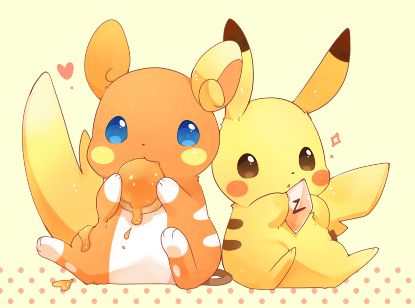 alolan_raichu blue_eyes brown_eyes commentary_request eating heart holding no_humans pikachu pokemon pokemon_(creature) sitting ushiina yellow_fur z-crystal