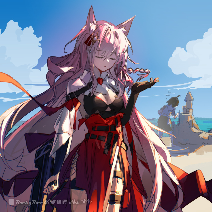 arknights artist_name black_gloves black_shirt blue_sky braid breasts cloud cloudy_sky commentary_request elbow_gloves female gloves hair_between_eyes hair_ornament hand_up highres lofter_logo long_hair medium_breasts outdoors pink_hair pozyomka_(arknights) red_skirt rockyroo sand_castle sand_sculpture shirt skirt sky solo twitter_username very_long_hair weibo_logo