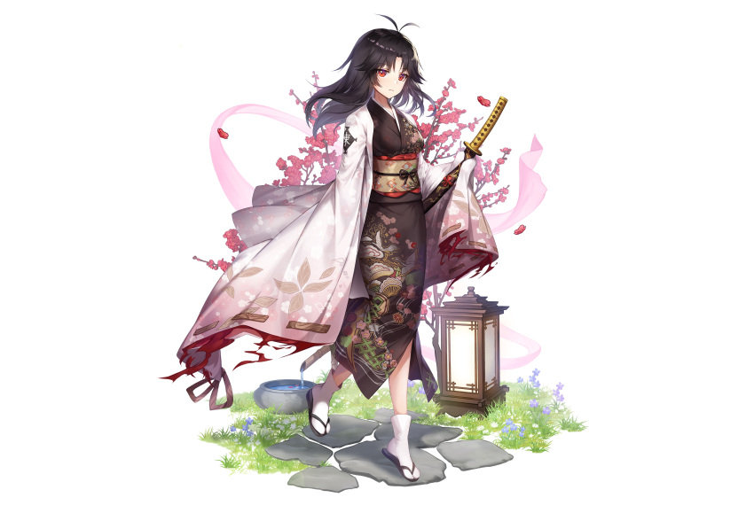 applecaramel_(acaramel) black_hair flowers grass illusion_connect japanese_clothes katana kimono long_hair petals red_eyes socks sword third-party_edit water weapon white