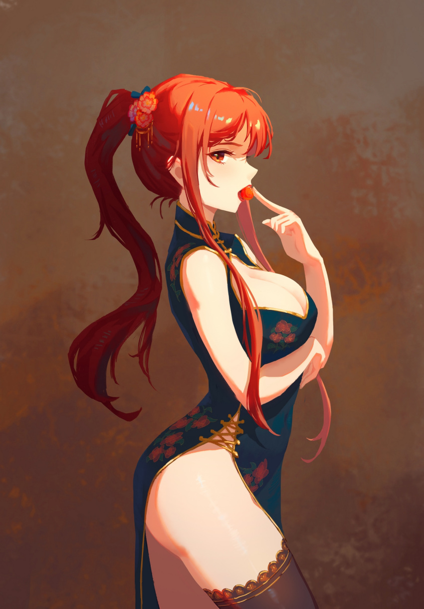 bare_arms bare_shoulders black_dress breasts brown_thighhighs china_dress chinese_clothes cleavage cleavage_cutout clothing_cutout covered_navel cowboy_shot dhsl dress eating female flower from_side hair_flower hair_ornament highres large_breasts long_hair open_mouth original pelvic_curtain ponytail red_eyes red_flower red_hair sidelocks sleeveless sleeveless_dress solo thighhighs