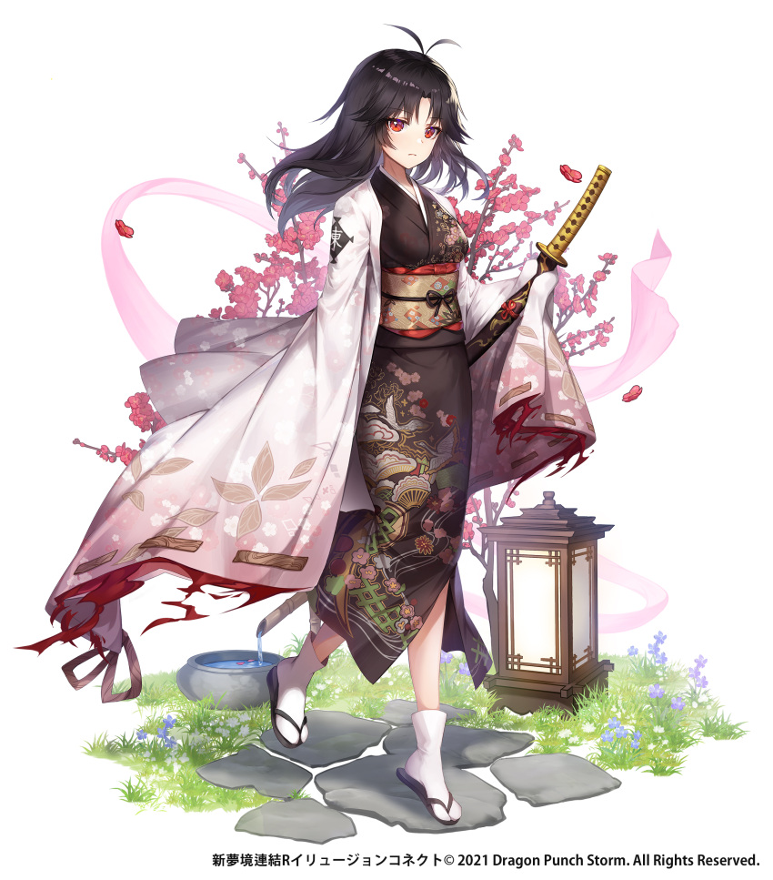 absurdres antenna_hair apple_caramel bad_id bad_pixiv_id black_footwear black_hair black_kimono closed_mouth commentary_request copyright_name copyright_notice female flower highres holding holding_sheath illusion_connect japanese_clothes katana kimono long_hair long_sleeves looking_at_viewer maki_(illusion_connect) obi official_art open_clothes parted_bangs red_eyes red_flower sandals sash sheath sheathed sleeves_past_fingers sleeves_past_wrists socks solo sword tabi walking weapon white_background white_socks zouri