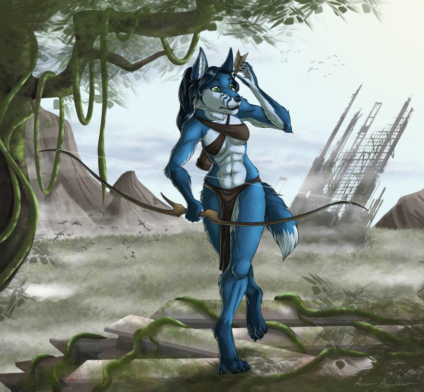 2020 4_toes 5_fingers abs absurd_res anthro arrow_(weapon) ascar_angainor barefoot black_hair black_nose blue_body blue_fur borophagine bottomwear bow_(weapon) breasts canid canine claws clothing countershading day detailed_background digital_media_(artwork) digitigrade epicyon eyebrows eyelashes feet female female_anthro fingers fox fur green_eyes hair hi_res hybrid loincloth mammal midriff milly_(millcore) navel outside quiver_(object) ranged_weapon sky solo toe_claws toes tribal weapon white_body white_fur