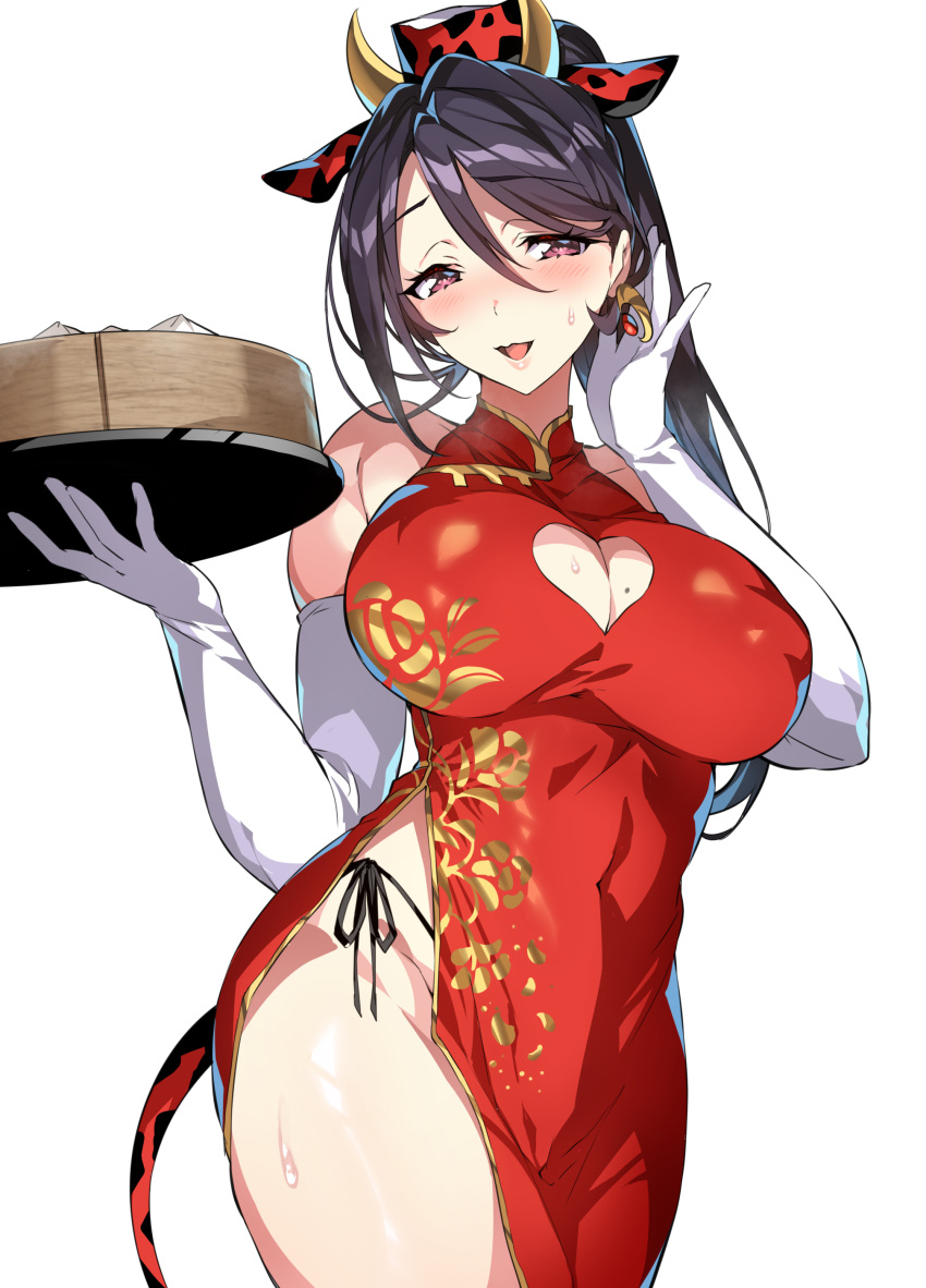 absurdres animal_ears bamboo_steamer baozi bare_shoulders black_hair blush breasts china_dress chinese_clothes commentary_request covered_navel covered_nipples cow_ears cow_horns dress dumpling elbow_gloves fake_animal_ears fake_horns female food gloves hand_up hat head_tilt highres holding horns jewelry large_breasts lips looking_at_viewer mahou_shoujo_madoka_magica mahou_shoujo_suzune_magica mikoto_tsubaki mole mole_on_breast open_mouth ponytail purple_eyes red_dress senri_gan shiny_skin simple_background sleeveless smile solo sweat sweatdrop tail thighs white_background white_gloves