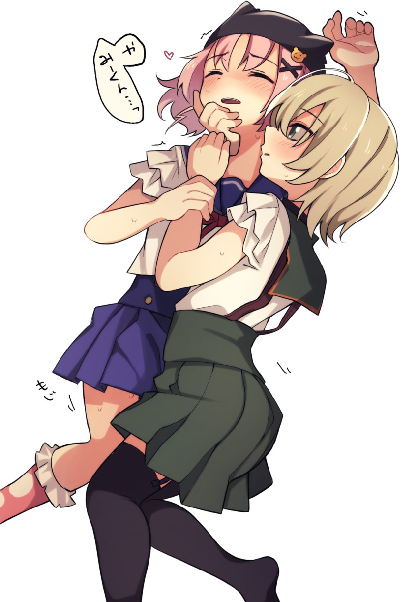 2girls animal_hat bear_hair_ornament blush closed_eyes gakkou_gurashi! garter_straps green_eyes hair_ornament hat heart highres hug lifting_person light_brown_hair megurigaoka_high_school_uniform multiple_girls naoki_miki open_mouth pink_hair school_uniform short_hair simple_background skirt socks suspenders sweat takeya_yuki tennosuke_(tejons) thighhighs translated white_background x_hair_ornament yuri