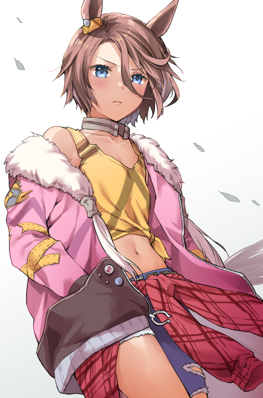 animal_ears blue_eyes brown_hair clothes_around_waist cocoa_(cafe-hotcocoa) denim female fur-trimmed_jacket fur_trim hands_in_pockets highres horse_ears horse_girl horse_tail jacket jacket_around_waist jeans midriff narita_taishin_(umamusume) navel pants solo tail tank_top torn_clothes torn_jeans torn_pants umamusume