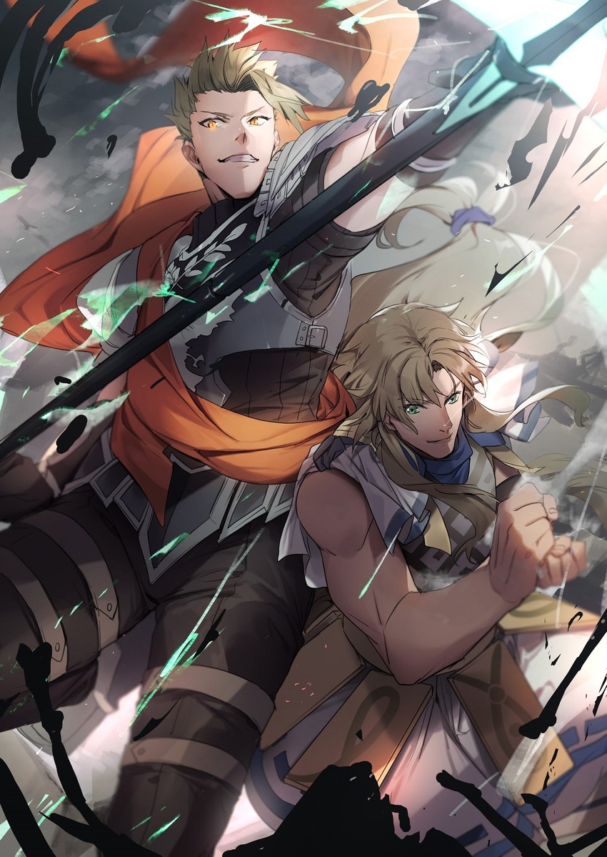 2boys achilles_(fate) armor bare_shoulders brown_hair chiron_(fate) commentary_request fate/apocrypha fate_(series) glowing glowing_eyes green_eyes highres leather_skirt long_hair male_focus manly multiple_boys no-kan orange_scarf polearm scarf smile spear weapon yellow_eyes