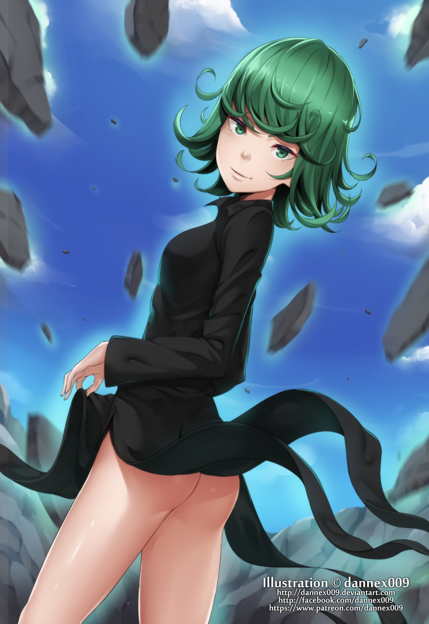 ass black_dress blush breasts commentary curly_hair dannex009 dress female green_eyes green_hair highres long_sleeves looking_at_viewer no_panties one-punch_man patreon_username short_hair small_breasts solo tatsumaki telekinesis watermark web_address