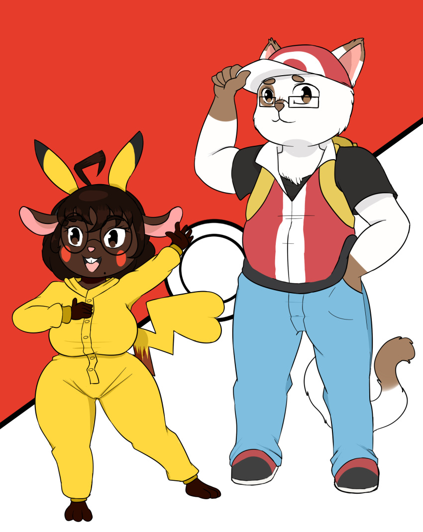 anthro clothing cosplay costume duo felid feline female generation_1_pokemon gwen_geek gwen_martin hat headgear headwear hi_res krustscrub looking_at_viewer male mammal mouse murid murine nintendo pikachu pokemon pokemon_(species) pokemon_trainer red's_pikachu red_(pokemon) rodent toshio_nakamura