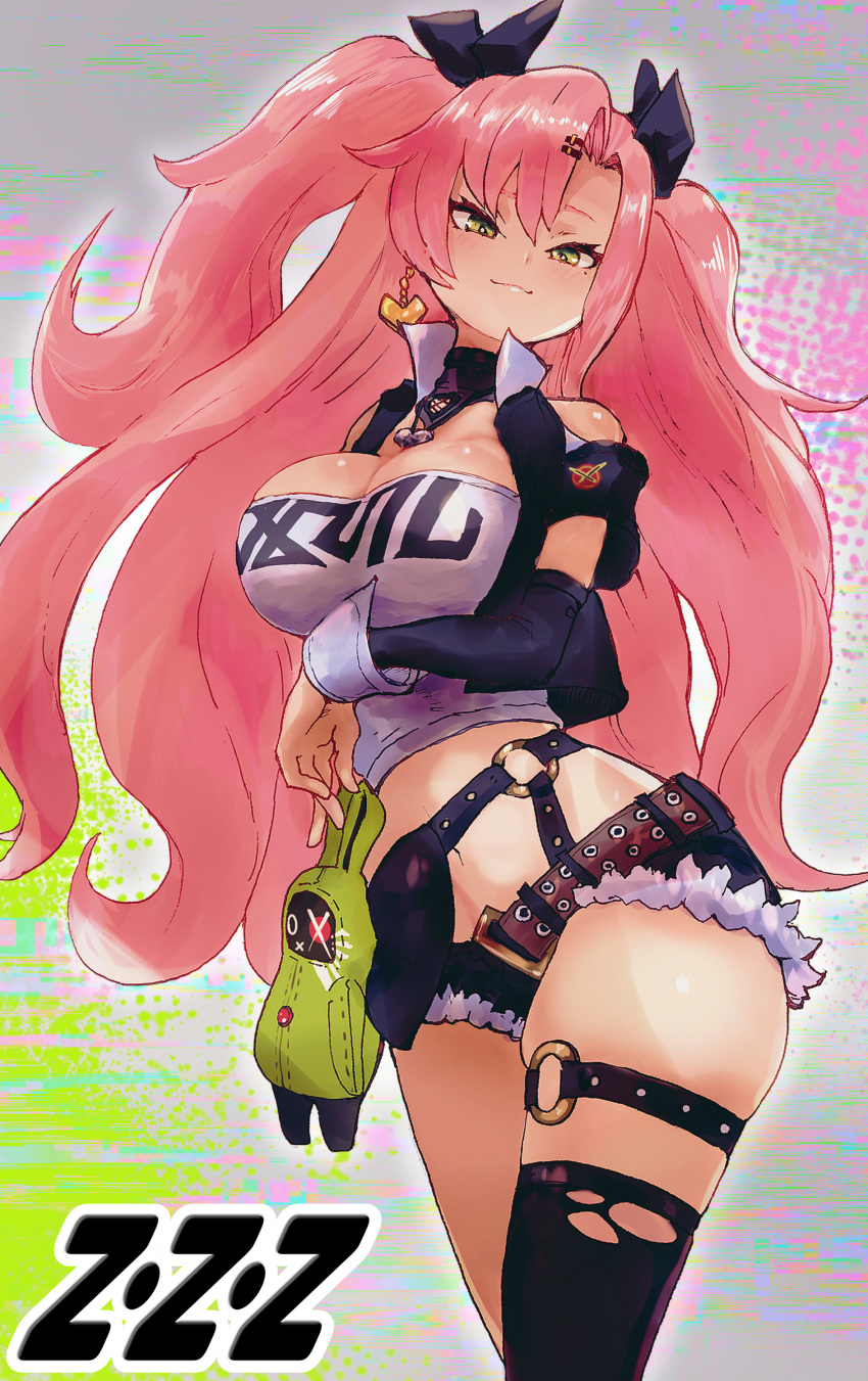 absurdres bangboo_(zenless_zone_zero) bare_shoulders black_jacket black_ribbon black_shorts black_thighhighs breasts cleavage commentary_request cowboy_shot crop_top cropped_jacket cutoffs earrings female hair_between_eyes hair_ribbon heart heart_earrings highres inuyou jacket jewelry large_breasts long_hair long_sleeves looking_at_viewer micro_shorts midriff navel nicole_demara open_clothes open_jacket pink_hair ribbon shorts single_thighhigh smile solo standing stomach strapless thigh_strap thighhighs tube_top two_side_up very_long_hair yellow_eyes zenless_zone_zero