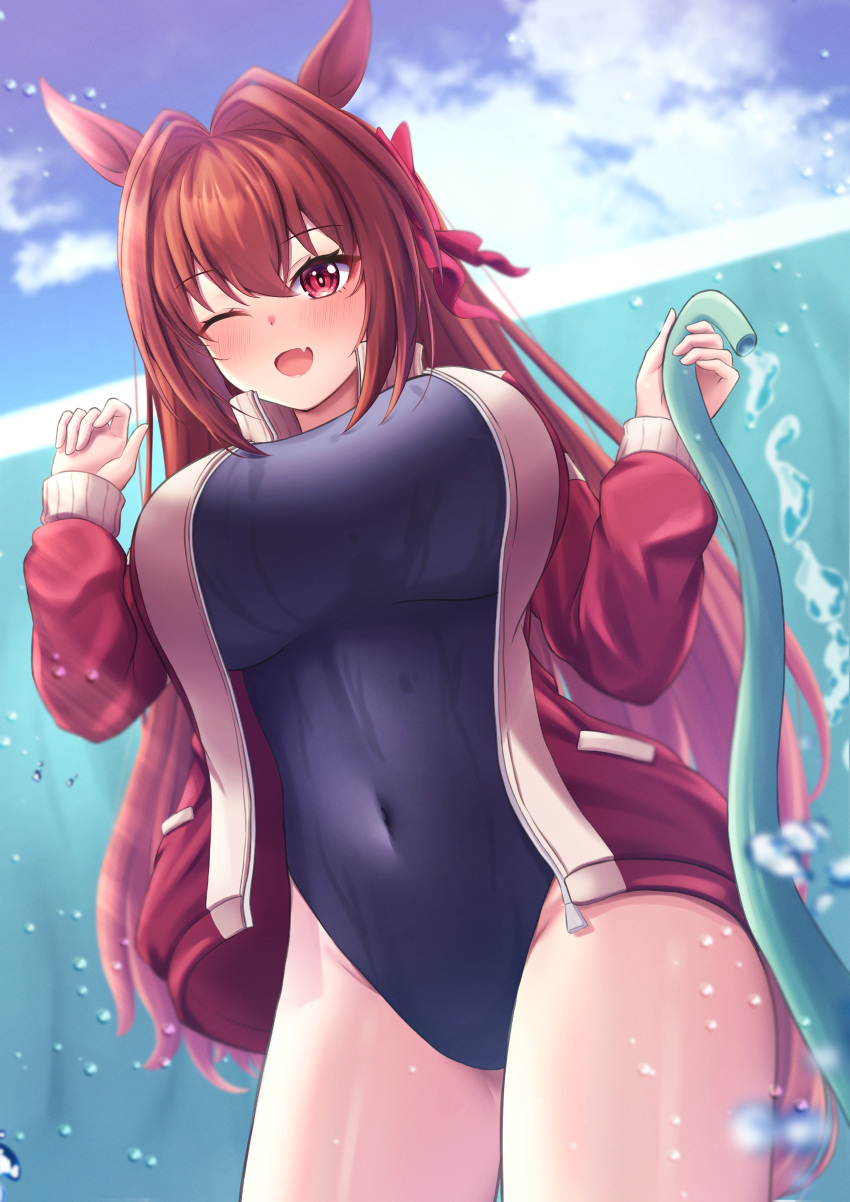 absurdres animal_ears blue_one-piece_swimsuit blush breasts brown_hair commentary_request covered_navel cowboy_shot daiwa_scarlet_(umamusume) female hair_intakes hair_ribbon hands_up highres holding holding_hose horse_ears horse_girl hose jacket large_breasts long_hair long_sleeves looking_at_viewer neko_punch_(user_hddm3373) oerba_yun_fang one-piece_swimsuit one_eye_closed open_clothes open_jacket open_mouth red_eyes red_jacket red_ribbon ribbon school_swimsuit sidelocks skin_fang smile solo swimsuit tracen_training_uniform umamusume water wet wet_clothes