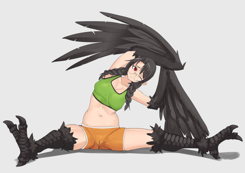 absurdres bird_legs black_feathers black_hair braid breasts cameltoe closed_mouth collarbone commentary_request feathered_wings feathers female glasses green_tank_top harpy highres karasu_tengu_(monster_girl_encyclopedia) long_hair medium_breasts monster_girl monster_girl_encyclopedia one_eye_closed orange_shorts pointy_ears red_eyes second-party_source shorts simple_background skin_tight solo stormcow stretching talons tank_top twin_braids winged_arms wings