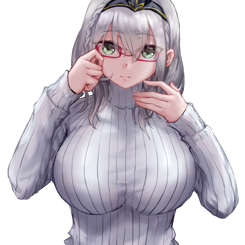 alternate_costume bespectacled braid breasts chinese_commentary circlet closed_mouth commentary_request female french_braid glasses green_eyes grey_hair grey_sweater hair_between_eyes highres hololive large_breasts long_sleeves looking_at_viewer medium_hair partial_commentary red-framed_eyewear ribbed_sweater shirogane_noel simple_background solo sweater turtleneck turtleneck_sweater upper_body virtual_youtuber wavy_hair white_background white_sweater yeklsa