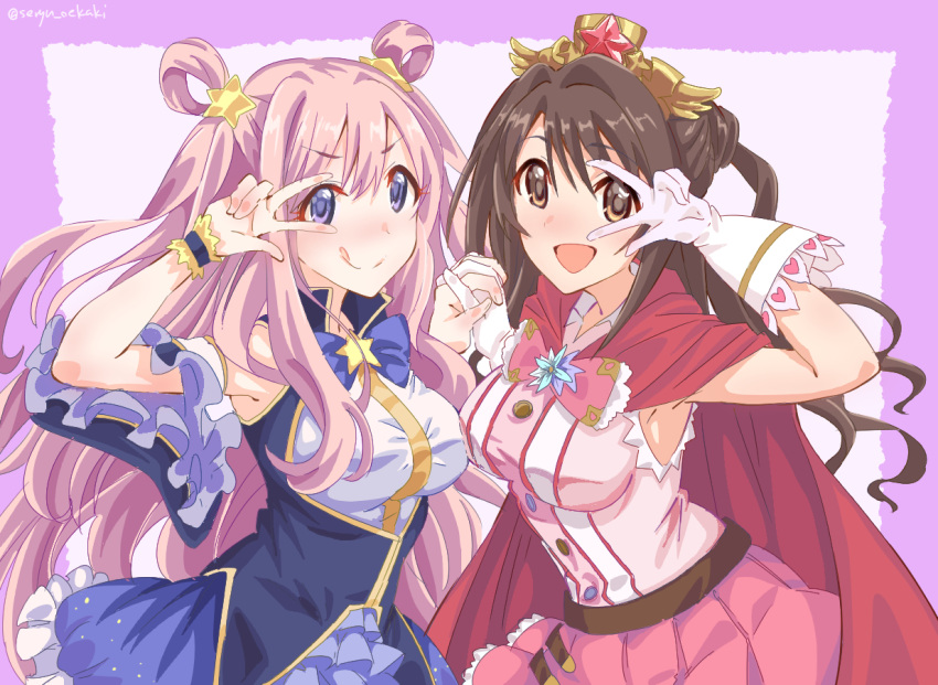 >:) 2girls :d :q armpits border bow bowtie breasts brown_eyes brown_hair cloak detached_sleeves frills gloves hair_between_eyes hair_ornament hair_rings hatsune_(princess_connect!) heart heart_print holding_hands idolmaster idolmaster_cinderella_girls interlocked_fingers large_breasts long_hair multiple_girls oohashi_ayaka open_mouth outside_border pink_border pink_hair princess_connect! purple_eyes purple_sleeves red_cloak seryu_oekaki shimamura_uzuki sidelocks sleeveless smile star_(symbol) star_hair_ornament star_ornament tongue tongue_out twitter_username v-shaped_eyebrows w_over_eye white_background white_gloves