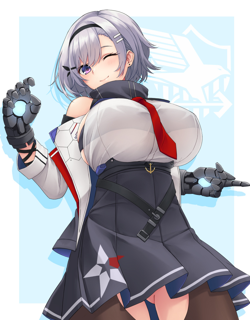 absurdres aqua_background azur_lane bare_shoulders belt black_belt black_hairband black_headband blush breasts closed_mouth commentary covered_nipples eagle_union_(emblem) female grey_hair hair_between_eyes hair_ornament hairband hairclip headband highres huge_breasts jacket large_breasts long_sleeves looking_at_viewer metal_gloves nameko_houshi necktie one_eye_closed purple_eyes red_necktie reno_(azur_lane) see-through shirt short_hair skirt smile solo two-tone_background two-tone_skirt underboob white_background