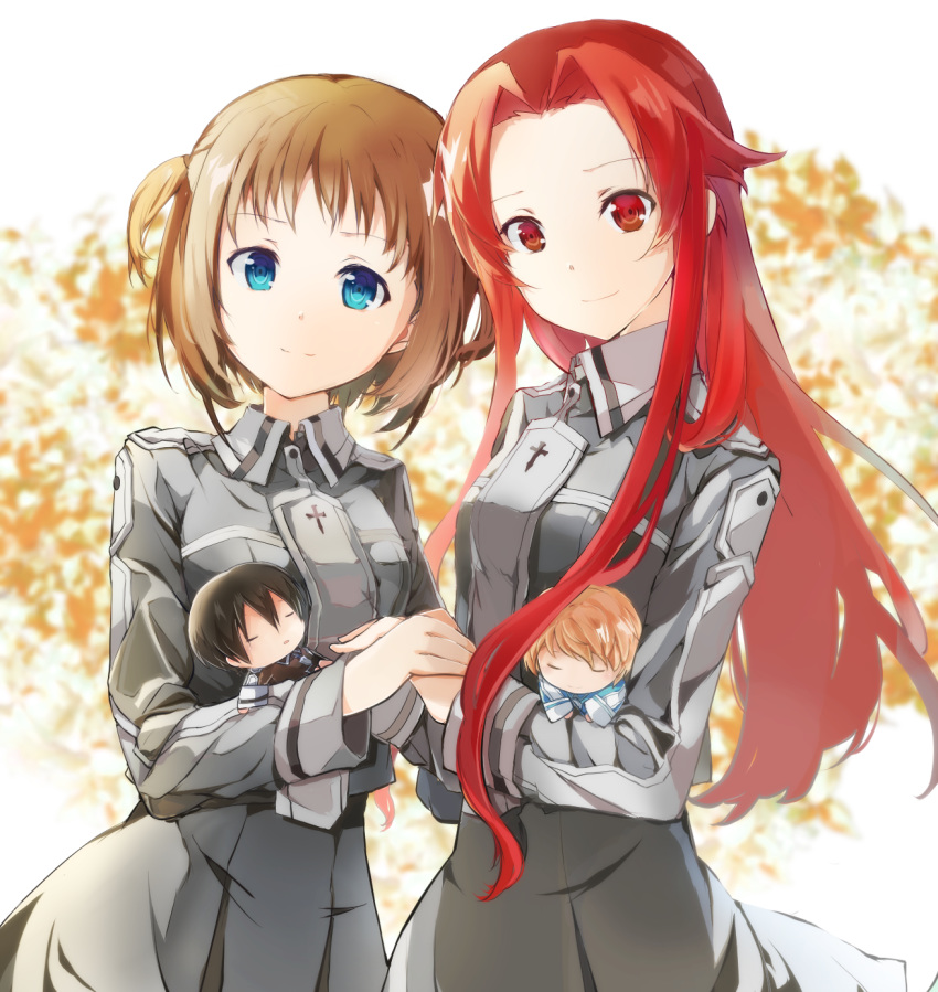 2girls black_hair blonde_hair blue_eyes breasts brown_hair collarbone commentary_request cowboy_shot dress eugeo highres holding kirito long_hair long_sleeves looking_at_viewer multiple_girls pleated_dress red_eyes red_hair ronye_arabel sau_(bluepoper) school_uniform short_hair smile stuffed_toy sword_art_online sword_art_online:_alicization sword_mastery_academy_school_uniform tiese_schtrinen toy two_side_up uniform very_long_hair