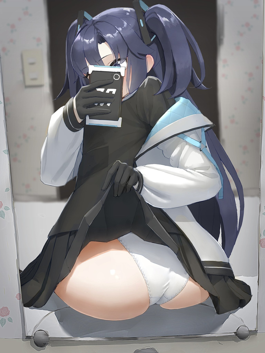 ass black_gloves black_skirt blue_archive blue_eyes blush breasts cellphone clothes_lift commentary female gloves halo highres hoyhoy_colo indoors jacket korean_commentary lifting_own_clothes long_hair long_sleeves mirror necktie open_clothes panties phone pleated_skirt purple_hair reflection school_uniform selfie sitting skirt skirt_lift smartphone solo two_side_up underwear white_panties yuuka_(blue_archive)