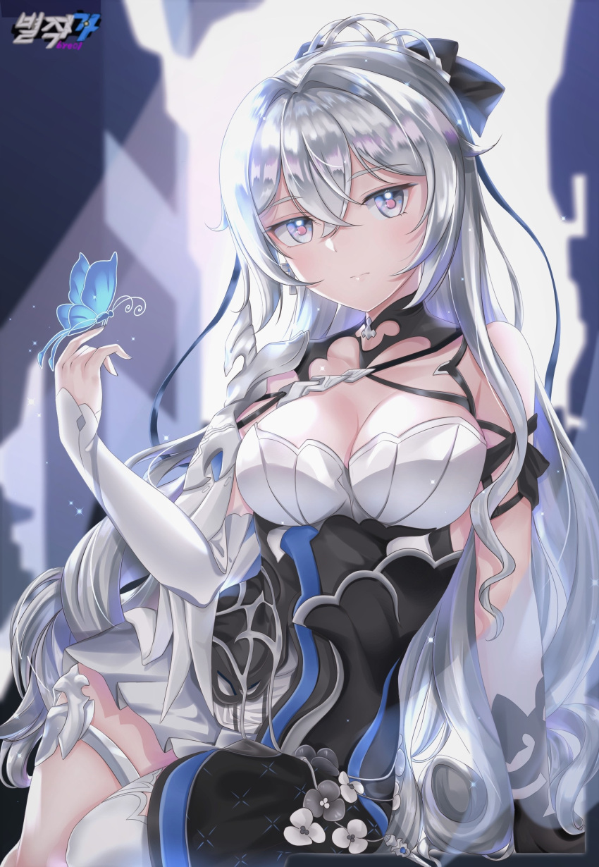 absurdres artist_name bare_shoulders black_gloves blue_butterfly breasts bronya_zaychik bronya_zaychik_(silverwing:_n-ex) bug butterfly byeoljagga cleavage closed_mouth dress drill_hair female gloves grey_eyes grey_hair hair_between_eyes hair_ornament highres honkai_(series) honkai_impact_3rd korean_commentary large_breasts long_hair looking_at_viewer single_glove single_sleeve solo twin_drills white_dress white_sleeves