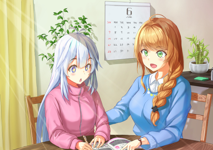 2girls absurdres ahoge blonde_hair blue_eyes blue_sweater blush braid braided_ponytail calendar_(object) claire_cruller claire_eikaiwa collared_shirt green_eyes hair_ornament highres indie_virtual_youtuber indoors jacket long_hair marimo_(marimo2468) multiple_girls open_mouth pen plant potted_plant shirt short_braid side_braid sitting smile sparkling_eyes sweater vei_(vtuber) vei_(vtuber)_(1st_costume) virtual_youtuber watch white_hair white_shirt wristwatch x_hair_ornament