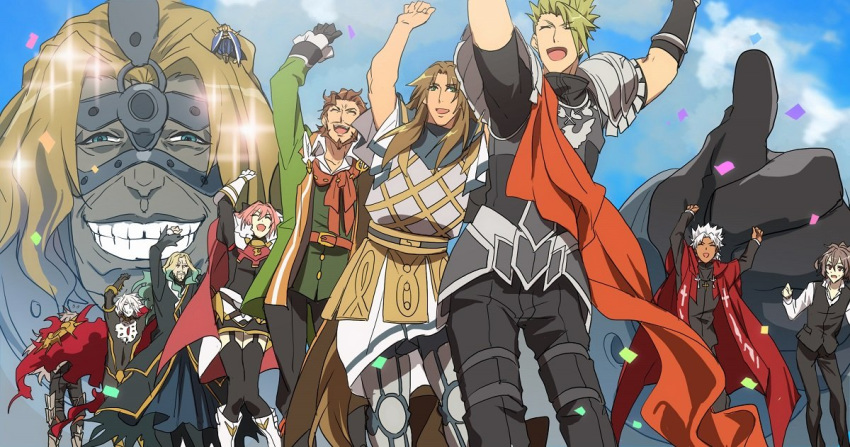 6+boys achilles_(fate) amakusa_shirou_(fate) armor arms_up astolfo_(fate) avicebron_(fate) blonde_hair carnival_phantasm chiron_(fate) colored_skin commentary_request dancing fate/apocrypha fate_(series) grey_skin karna_(fate) mask multiple_boys no-kan parody priest queue sieg_(fate) siegfried_(fate) sitting_on_shoulder skirt sky smile spartacus_(fate) stole style_parody super_affection thumbs_up vlad_iii_(fate/apocrypha) william_shakespeare_(fate)