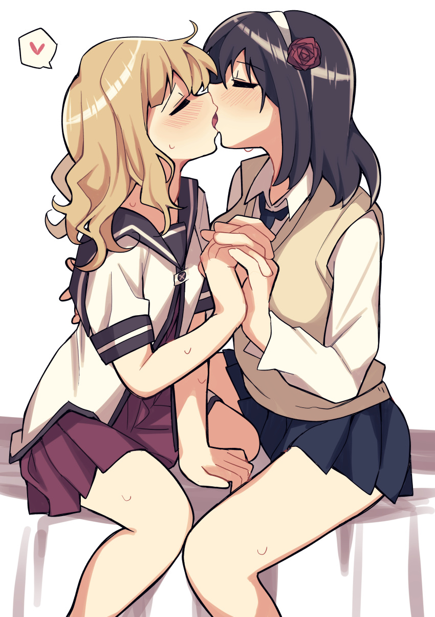 2girls absurdres bad_id bad_pixiv_id bed black_hair blazer blonde_hair blush closed_eyes commentary_request commission flower french_kiss hair_flower hair_ornament hairband heart highres holding_hands interlocked_fingers jacket kissing medium_hair multiple_girls nanamori_school_uniform oomuro-ke oomuro_sakurako school_uniform simple_background sitting skeb_commission skirt spoken_heart sweat tennosuke_(tejons) tongue white_background yaeno_miho yuri yuru_yuri