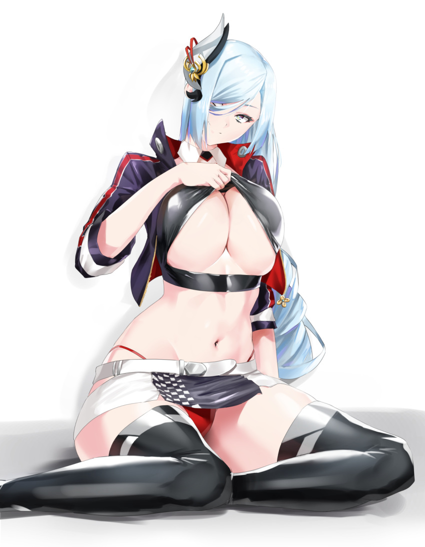 azur_lane belt black_skirt black_thighhighs blue_hair breasts clothing_cutout commission cosplay cropped_shirt feet_out_of_frame female genshin_impact grey_eyes hair_ornament hair_over_one_eye highres huge_breasts jacket long_bangs long_hair navel open_clothes open_jacket panties panty_straps prinz_eugen_(azur_lane) prinz_eugen_(azur_lane)_(cosplay) prinz_eugen_(final_lap)_(azur_lane) purple_jacket race_queen red_panties sebakanken shenhe_(genshin_impact) simple_background sitting skirt solo stomach thighhighs two-tone_skirt underboob underboob_cutout underwear unzipped very_long_hair white_background white_belt white_skirt