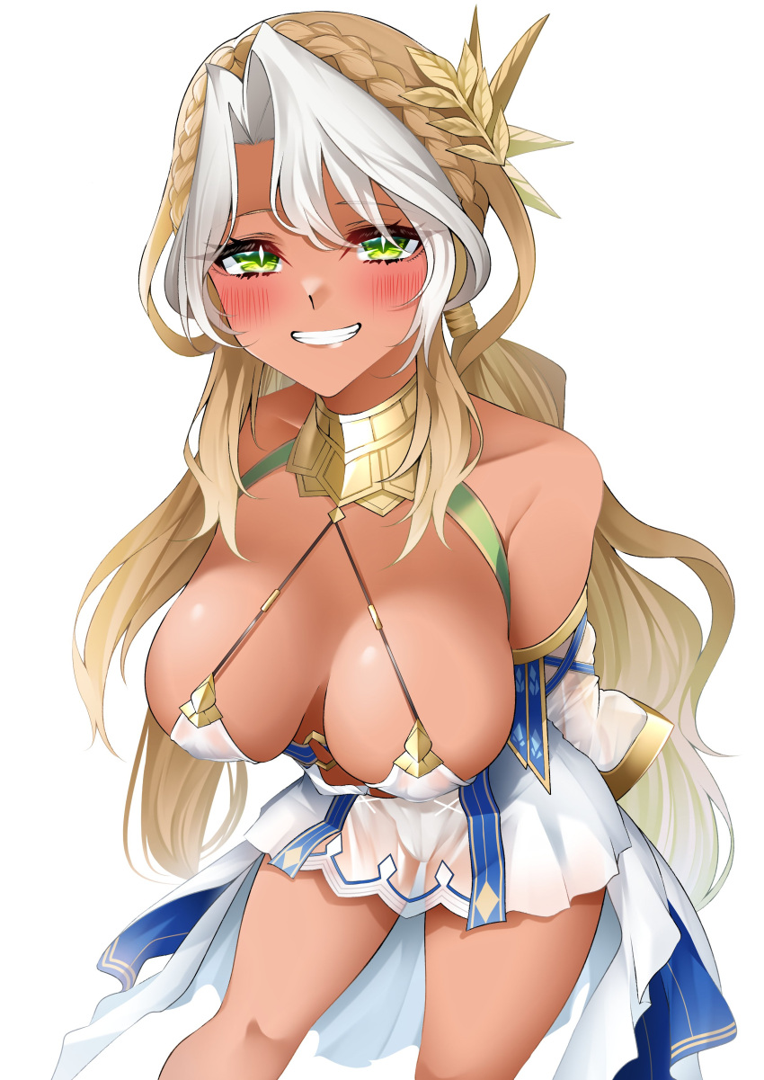 absurdres andromeda_(fate) andromeda_(first_ascension)_(fate) bare_shoulders blonde_hair blush braid breasts cleavage collar crown_braid dark-skinned_female dark_skin detached_sleeves dress fate/grand_order fate_(series) female green_eyes grin hair_ornament highres large_breasts len_(hand_linke) long_hair looking_at_viewer low_twintails metal_collar multicolored_hair short_dress sidelocks smile solo thighs twintails two-tone_hair white_dress white_hair