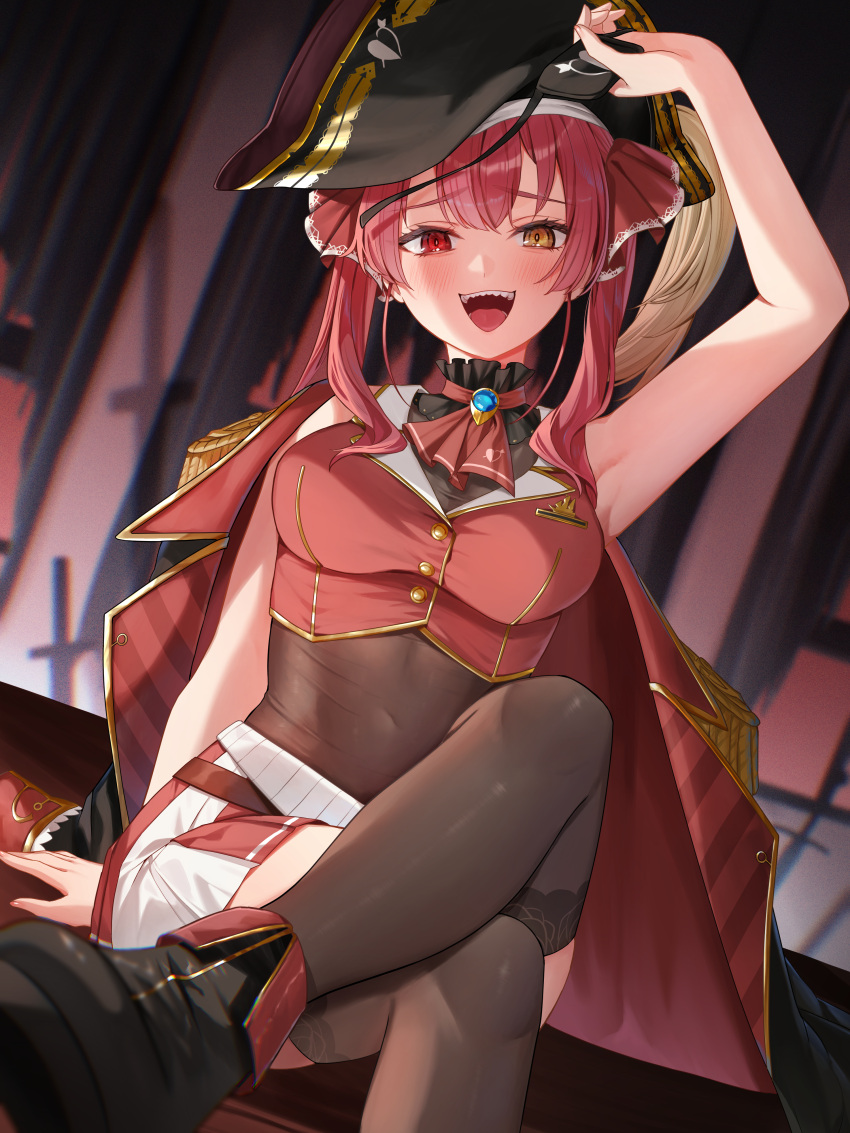 absurdres arm_up ascot bicorne black_footwear black_hat black_leotard black_thighhighs blurry blurry_background blush breasts commentary dead_ma'am's_chest_(houshou_marine) eyepatch eyepatch_lift female hat heterochromia highres hololive houshou_marine houshou_marine_(1st_costume) jacket jacket_on_shoulders large_breasts leotard leotard_under_clothes looking_at_viewer open_mouth pirate_hat pleated_skirt red_ascot red_eyes red_hair red_vest runlan_0329 sitting skirt solo teeth thighhighs upper_teeth_only vest virtual_youtuber yellow_eyes