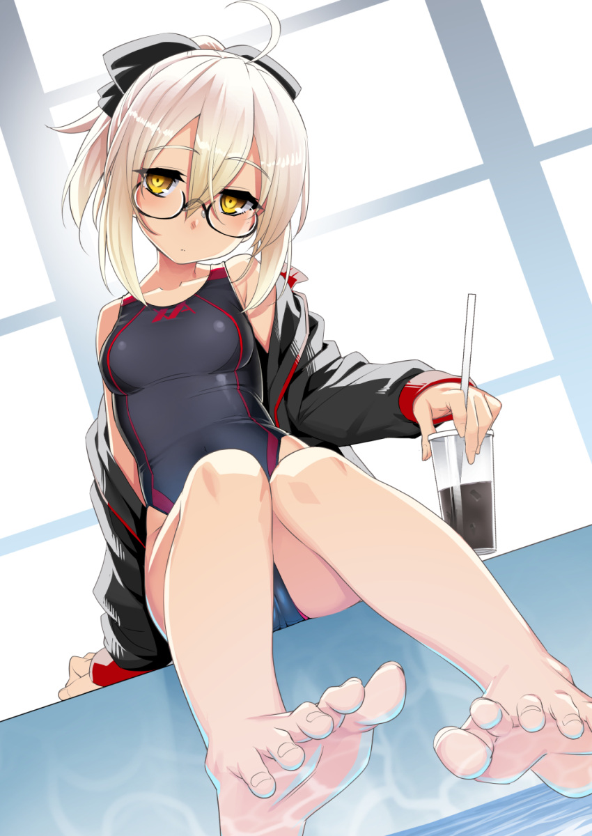 aged_down ahoge artoria_pendragon_(fate) bare_shoulders barefoot black_jacket black_one-piece_swimsuit blonde_hair blush bow breasts cup drinking_straw fate/grand_order fate_(series) feet female hair_between_eyes hairbow highres jacket long_hair long_sleeves looking_at_viewer mysterious_heroine_x_alter_(fate) namonashi off_shoulder one-piece_swimsuit ponytail pool poolside sidelocks small_breasts swimsuit thighs yellow_eyes