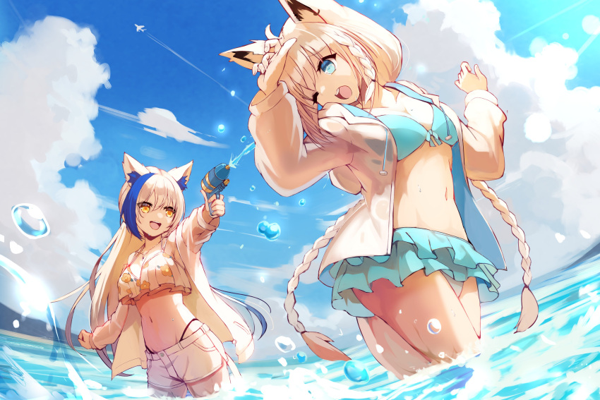 2girls absurdres ahoge animal_ear_fluff animal_ears aomiya_yozuri bikini bikini_skirt blue_bikini blue_hair braid breasts cat_ears cat_girl cat_tail cloud cloudy_sky commentary_request day earrings floral_print fox_ears fox_girl fox_tail green_eyes hair_between_eyes highres hololive hood hoodie jewelry long_hair looking_at_another multicolored_hair multiple_girls navel ocean open_clothes open_hoodie outstretched_arm shirakami_fubuki shirakami_fubuki_(hololive_summer_2019) short_shorts shorts sidelocks single_braid sky small_breasts streaked_hair sue_(bg-bros) swimsuit tail vee_(vtuber) virtual_youtuber wading water_gun white_hair white_hoodie white_shorts yellow_eyes