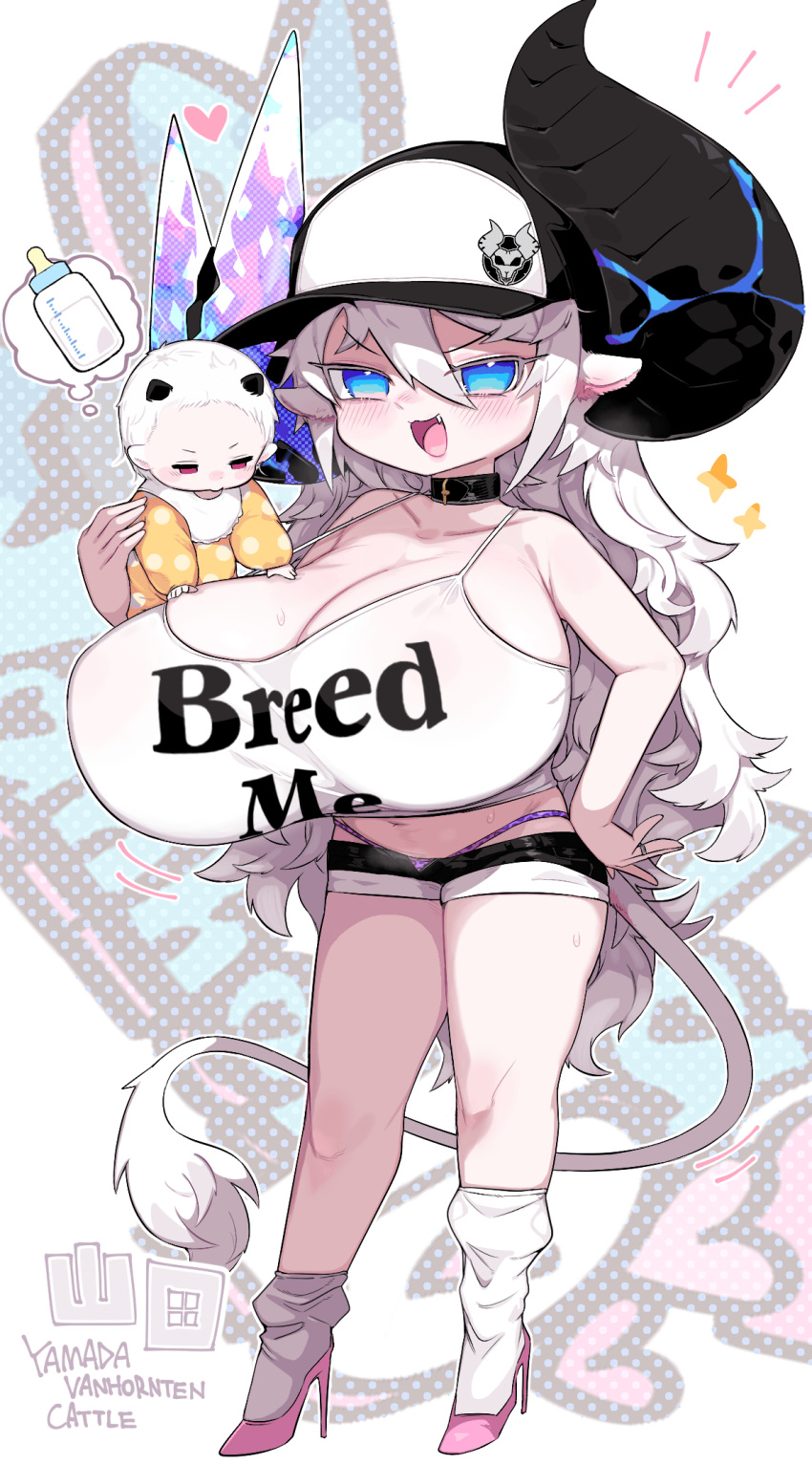 animal_ears asymmetrical_horns baby baseball_cap black_horns blue_eyes breasts broken_horn camisole choker cow_ears cow_girl cow_horns cow_tail crystal crystal_horns female hair_between_eyes hat high_heels highres horns huge_breasts huge_horns long_hair loose_socks mato_tsuyoi mismatched_horns mother_and_child navel oerba_yun_fang opal_(gemstone) oppai_loli original short_shorts shorts socks tail thong white_camisole white_hair yamada_vanhouten_(mato_tsuyoi)