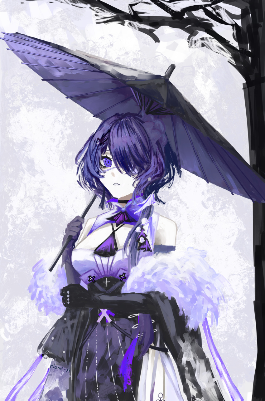 arknights art_trade artist_name black_choker black_gloves black_umbrella blue_eyes blue_hair breasts choker cowboy_shot cross dress elbow_gloves english_commentary eyelashes eyepatch female fur_shawl fur_trim gloves hair_ornament hair_over_one_eye hand_on_own_elbow highres holding holding_umbrella long_bangs looking_at_viewer looking_to_the_side medical_eyepatch medium_breasts medium_hair official_alternate_costume oil-paper_umbrella pale_skin parted_lips rienn_n shawl sleeveless solo syringe tree triangle_mouth umbrella whisperain_(arknights) whisperain_(tremble_cold)_(arknights)