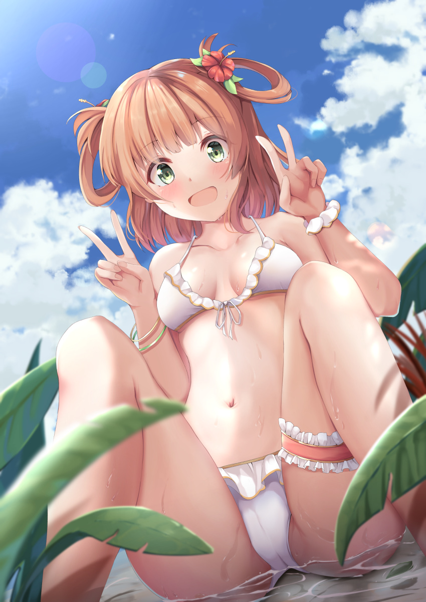 bikini blue_sky blush bracelet breasts brown_hair cloud feet_out_of_frame female flower from_below front-tie_bikini_top front-tie_top green_eyes hair_flower hair_ornament hair_rings highres jewelry medium_breasts medium_hair mia_(kuja999) open_mouth outdoors princess_connect! rino_(princess_connect!) scrunchie sitting sky solo spread_legs swimsuit thigh_strap v white_bikini white_scrunchie wrist_scrunchie