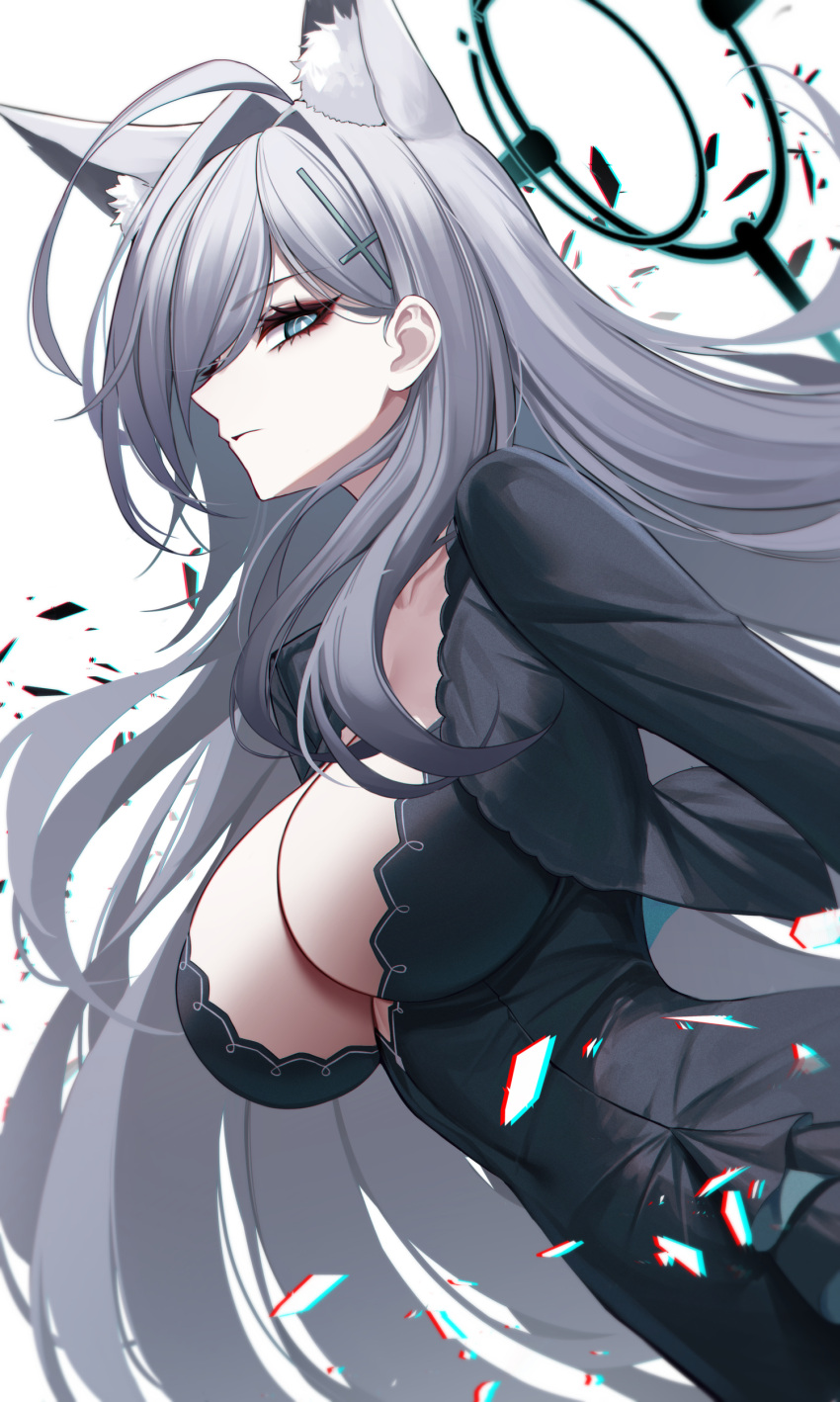 absurdres animal_ear_fluff animal_ears black_dress black_jacket blue_archive blue_eyes breasts cleavage cropped_jacket cross_hair_ornament dress eternity_(shadeh) extra_ears female grey_hair hair_ornament halo highres jacket large_breasts long_hair long_sleeves looking_at_viewer open_clothes open_jacket shiroko_(blue_archive) shiroko_terror_(blue_archive) sidelocks solo wolf_ears