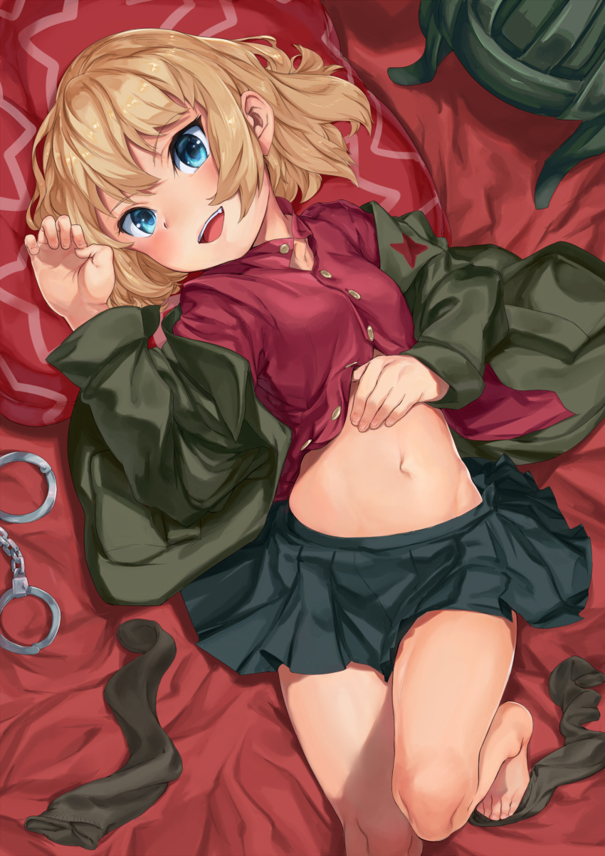 barefoot blonde_hair blue_eyes blush commentary_request cuffs duplicate female geregere_(lantern) girls_und_panzer groin handcuffs highres katyusha_(girls_und_panzer) looking_at_viewer lying midriff miniskirt navel on_back partially_undressed pravda_school_uniform school_uniform skirt smile solo unbuttoned unworn_socks