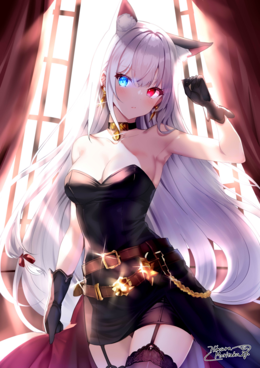 absurdres animal_ears arm_up armpits backlighting belt black_choker black_dress black_gloves black_thighhighs blue_eyes blush breasts chains choker cleavage collarbone commentary_request dress earrings expressionless garter_straps gloves glowing glowing_eyes heterochromia highres himura_moritaka indoors jewelry lace_thighhighs long_hair low-tied_long_hair medium_breasts original red_eyes sideboob signature straight_hair strapless strapless_dress sunlight thigh_gap thighhighs very_long_hair white_hair window