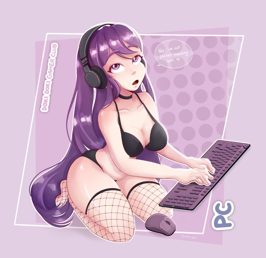 1girls black_bra black_panties bra breasts cleavage collarbone doki_doki_literature_club english_text fishnet_legwear fishnets keyboard keyboard_(computer) legwear long_hair mouse_(computer) open_mouth open_mouth panties purple_eyes purple_hair text wormy_gums yuri_(doki_doki_literature_club)