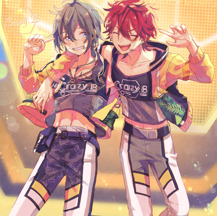 2boys :d amagi_rinne arm_behind_another's_back arm_on_another's_shoulder arm_over_shoulder bishounen blurry bokeh cowboy_shot depth_of_field ensemble_stars! grin group_name hand_up happy highres looking_at_another male_focus midriff multiple_boys nagatuki_anst navel pants pointing pointing_at_self shiina_niki side-by-side smile stage_lights standing sweat teeth tongue upper_teeth_only