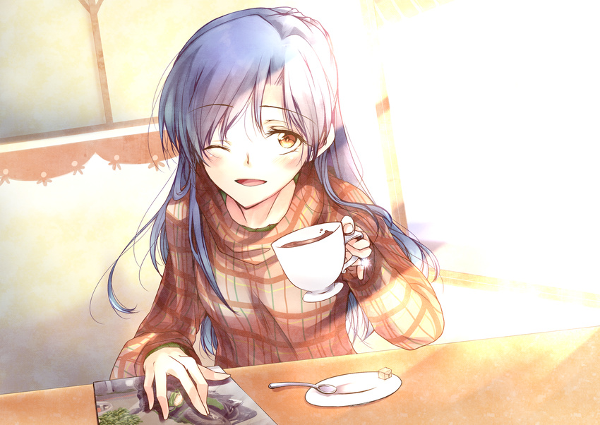 blue_hair blush brown_eyes commentary_request cup drawing_(object) drink female highres holding holding_cup idolmaster idolmaster_(classic) indoors jewelry kisaragi_chihaya long_hair long_sleeves one_eye_closed open_mouth plaid plaid_shirt plate ring saucer shiny shirt sitting smile solo spoon sugar_cube sunlight swept_bangs table tea teacup teaspoon window yurine