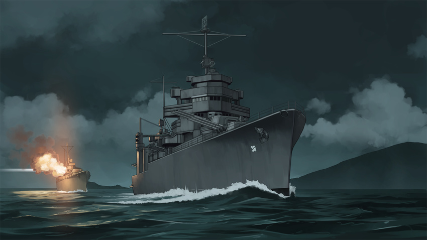 bad_id bad_pixiv_id battle cloud commentary highres mikado_(winters) military military_vehicle night night_sky no_humans ocean original ship sky uss_boise_(cl-47) uss_san_francisco_(ca-38) warship watercraft world_war_ii