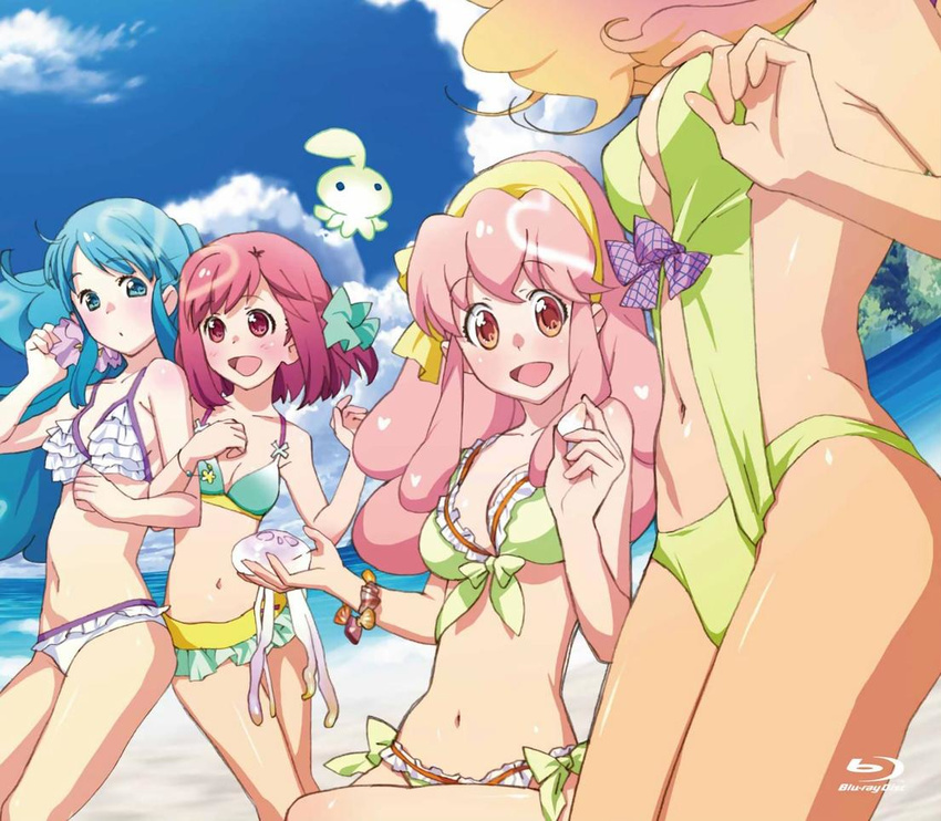 4girls aida_orine akb0048 beach bikini blonde_hair blue_eyes blue_hair breasts character_request fingernails head_out_of_frame jellyfish kishida_mimori legs long_hair midriff mizugi motomiya_nagisa multiple_girls nails navel ocean pink_eyes pink_hair red_eyes red_hair ribbon short_hair sono_chieri swimsuit water