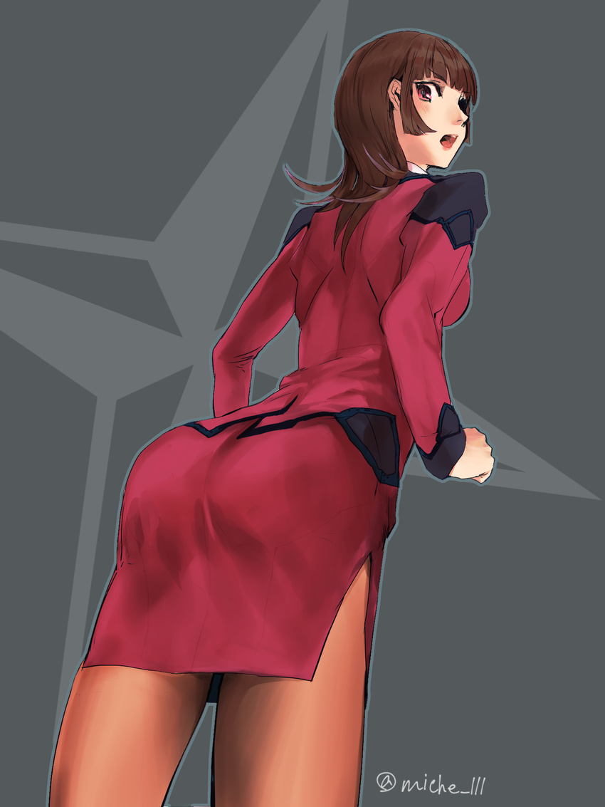 active_raid ass blush breasts brown_hair female grey_background kazari_asami lips long_hair open_mouth pantyhose pink_eyes skirt skirt_suit solo suit uniform