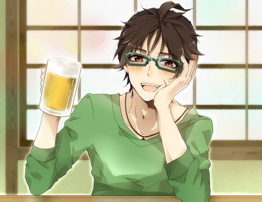 1boy active_raid ahoge alcohol beer black_hair blush glasses kuroki_takeru necklace open_mouth red_eyes scar short_hair