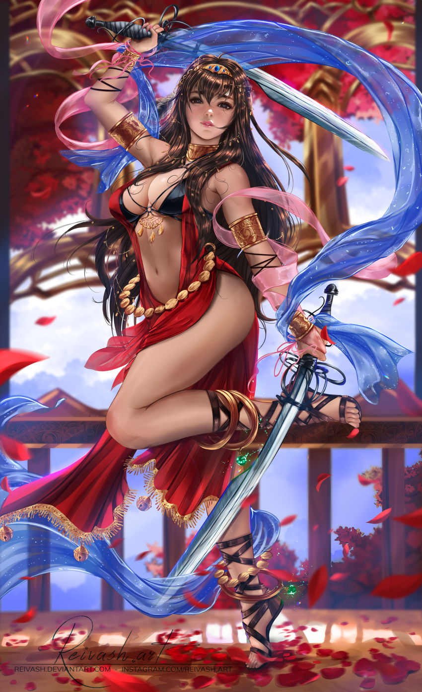 absurdres arm_up armlet bare_shoulders bell bracelet breasts brown_eyes brown_hair cleavage commentary day dual_wielding english_commentary female fingernails full_body highres holding holding_sword holding_weapon indoors javier_estrada jewelry jingle_bell leg_up lips looking_at_viewer medium_breasts navel original petals photoshop_(medium) sleeveless sword thighs tiara toeless_footwear weapon